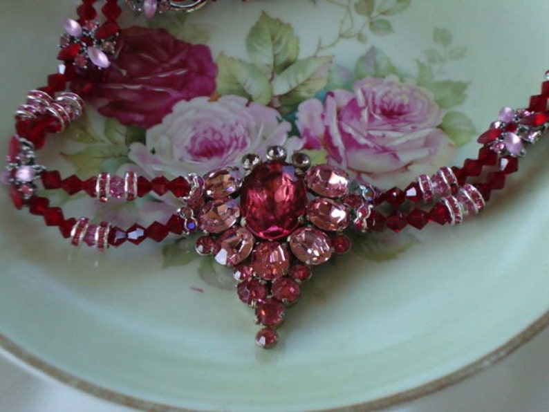 Gorgeous Pink & Red Vintage Dress Clip Rhinestone Necklace - Etsy