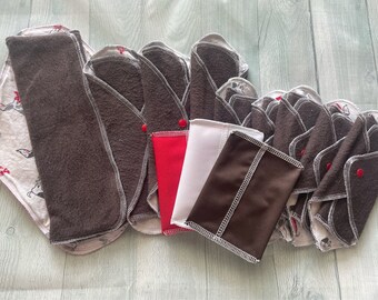 Limited Edition Dyed Organic Bamboo Coordinating Set of 9 Matching Menstrual Pack with Pouches -  Dogs in Boots