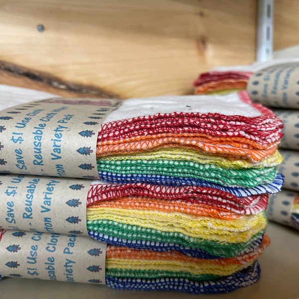Grandes lingettes réutilisables en flanelle de coton bio écru MamaBear, serviettes de table sans papier - Lot de 10 - Options de finition arc-en-ciel ou naturel