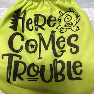 MamaBear BabyWear Waterproof Diaper Cover, Swim Diaper, Wrap or All In One - One Size Fits All - Here Comes Trouble - You Choose Color