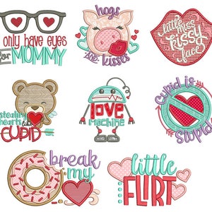 Puede incluir: Un conjunto de 10 diseños de bordado para el Día de San Valentín con varios refranes lindos y divertidos. Los diseños incluyen un cerdo con el texto "hogs and kisses", un robot con el texto "love machine", una dona con el texto "break my heart", y un oso con el texto "stealing hearts like cupid".