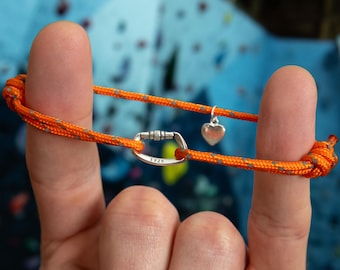 Heart Charm Climbing Bracelet, Adjustable 2mm Paracord, 925 Sterling Silver Carabiner & Charm, Girlfriend/Boyfriend Valentines Climbing Gift