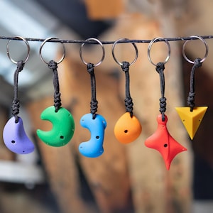 May include: A collection of colorful climbing hold keychains. Each keychain features a different shape and color, including purple, green, blue, orange, red, and yellow. They are attached to black cords and silver keyrings.