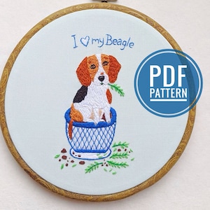 Diseño de bordado Beagle. Amo a mi perro. Guía de bordado de bricolaje. Patrón de bordado a mano. Descargar PDF. Lindo arte del bordado de perros. Arte beagle.
