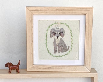 Schnauzer Dog wall art. Schnauzer princess. Schnauzer girl embroidery art. Original Hand Embroidery Framed Art. Schnauzer gift. Textile art.