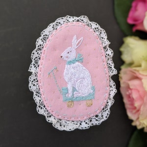 White Rabbit Brooch. Bunny on the Wheels Pin. Hand Embroidered - Etsy