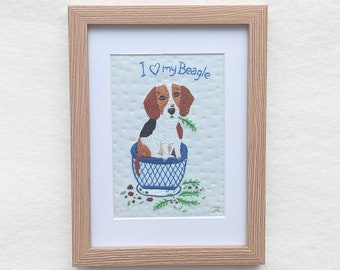 Embroidery Dog wall art. I love my Beagle. Beagle embroidery art. Beagle Art. Original Hand Embroidery Framed Art. Beagle gift. Textile art.