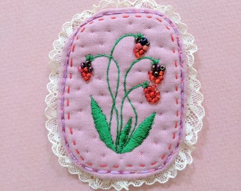 Textile Brooch Forest berries.Hand embroidery unique jewellery with berries. Botanical embroidery art. Pink brooch. Boho style brooch.