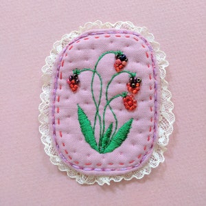 Textile Brooch Forest berries.Hand embroidery unique jewellery with berries. Botanical embroidery art. Pink brooch. Boho style brooch.