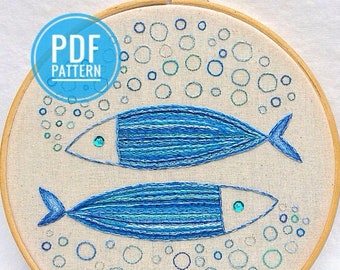 Stickdatei Fisch. Pisces oder Double Bubbles. PDF-Schnittmuster. DIY Stickanleitung. Handstickerei Design. Stickerei Sternzeichen Fische.