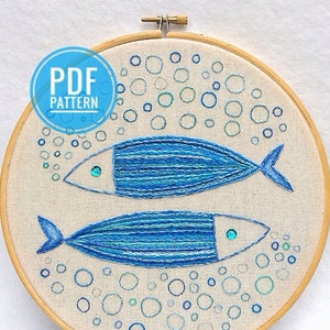 Stickdatei Fisch. Pisces oder Double Bubbles. PDF-Schnittmuster. DIY Stickanleitung. Handstickerei Design. Stickerei Sternzeichen Fische. image 1