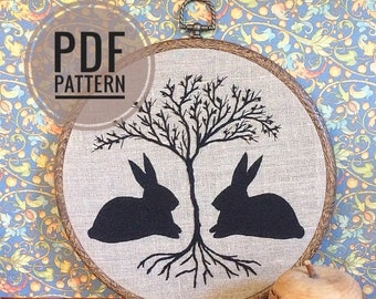 PDF Pattern. Hand embroidery and Silhouette Fiber Art Pattern. Tree of Life and Two Rabbits. DIY embroidery guide. Hand embroidery pattern.