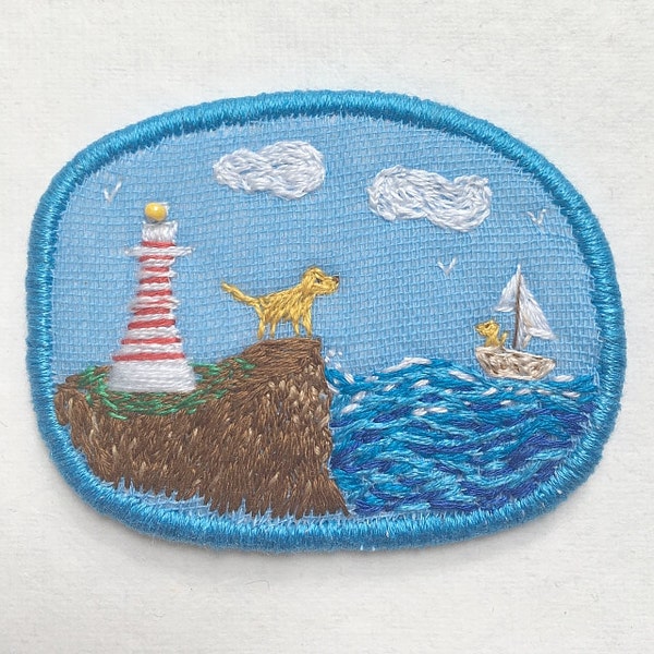 Textile Pet Portrait Brooch - Awaiting on the beach. Funny Dogs collection, embroidered textile dog jewelry. Summer brooch. Maritime Jewelry