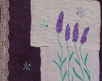 Embroidered Textile Art Wall Hanging  "Lavender Dragonflies"  naturally dyed textil, hand embroidery. OOAK.