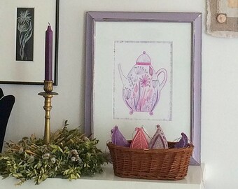 Afternoon tea watercolor painting with teapot and flowers motif. Original watercolor. Kitchen wall art. Art for dining room. Teapot painting