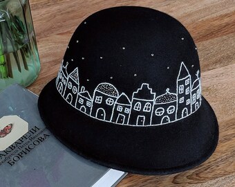 Unique Wool black Hat with Night City. Hand embroidered Hat. Hat with embroidery. Hat Night in the city.Hand embroidered Hat by MakikoArt.