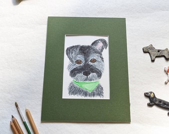Schnauzer mix aquarel tekenen pen schilderij. Origineel hondenportretschilderij. Kinderkamerkunst. Cadeau huisdierouders. Hondenportret schnauzer