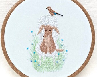 Embroidery Art. Embroidery Hoop Wall Art finished. Chocolate dog on the chair with jay bird.Hand embroidered wall hanging. Animal embroidery