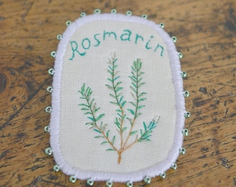 SALE! Textile Brooch with Herbs - Rosmarin - hand embroidery unique spring jewellery. Botanical embroidery art. Nature inspired jewelry.