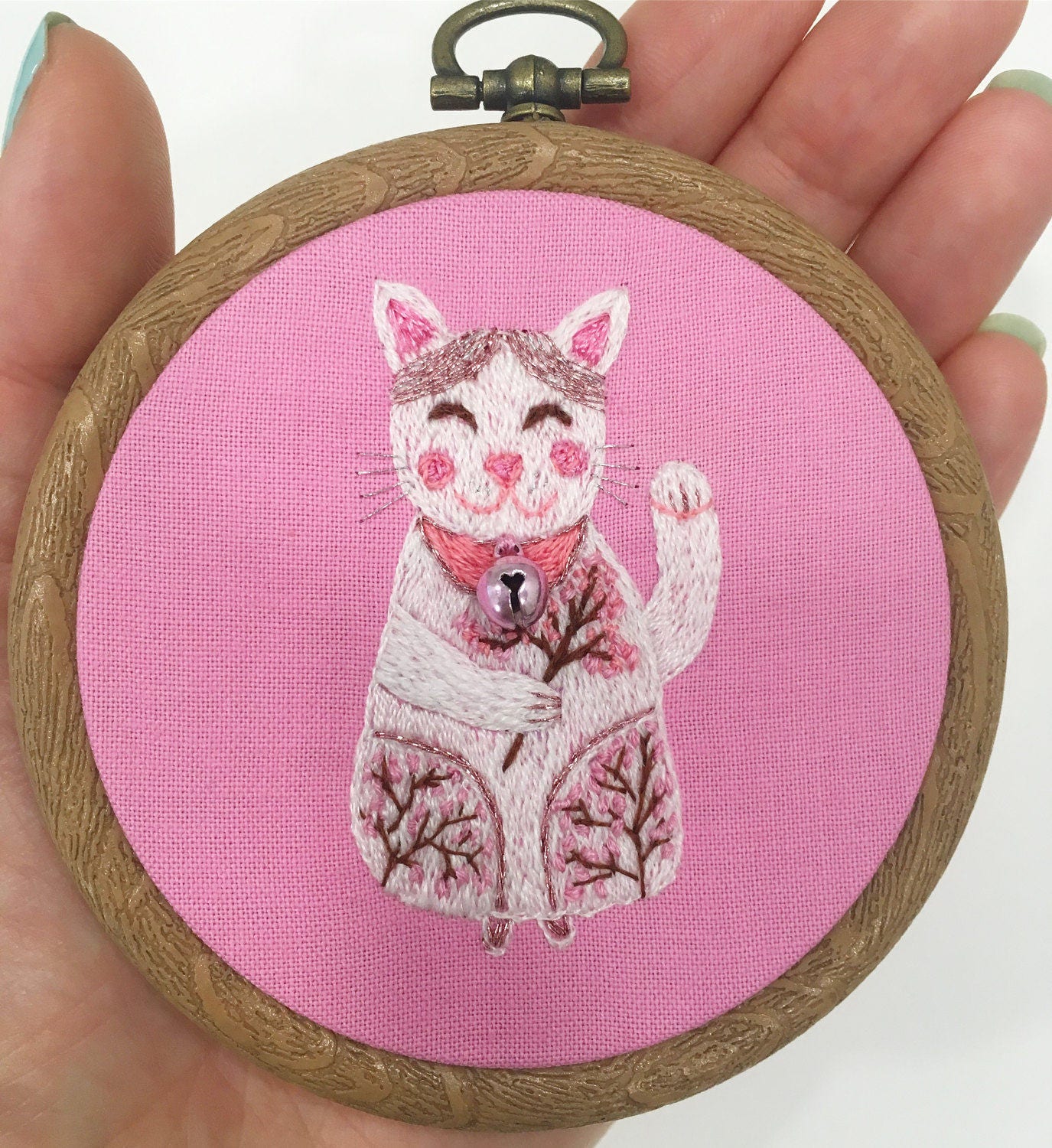 Lucky cat embroidery. Hand embroidery hoop wall art White Etsy