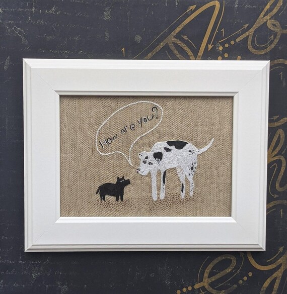 Hand embroidery Dog wall art. How are you? Scottish terrier embroidery art. Great Dane embroidery Art. Original Embroidery Framed Wall Art.