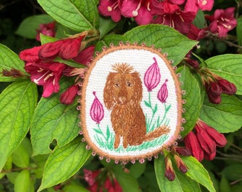 Embroidery Brooch - Flower dog. Hand embroidered textile dog jewelry. Funny dog brooch. Chocolate dog.