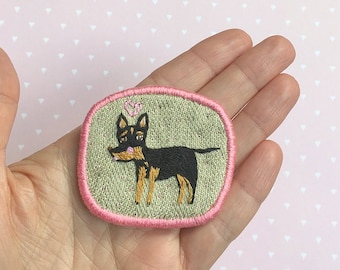 Dog Brooch with Toy Terrier. Funny Dogs collection. Hand embroidered textile dog jewelry. Terrier brooch. Dog embroidery. Terrier in love.