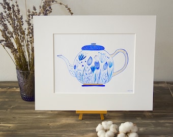 Blue teapot watercolor painting. Original watercolor art. Floral motif painting. Kitchen Wall Art. Art for dining room. Botanic illustration