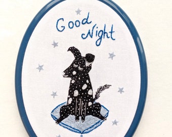 Hand Embroidery Hoop Wall Art - Good Night with funny dog-  hand embroidered 6.5" wall hanging