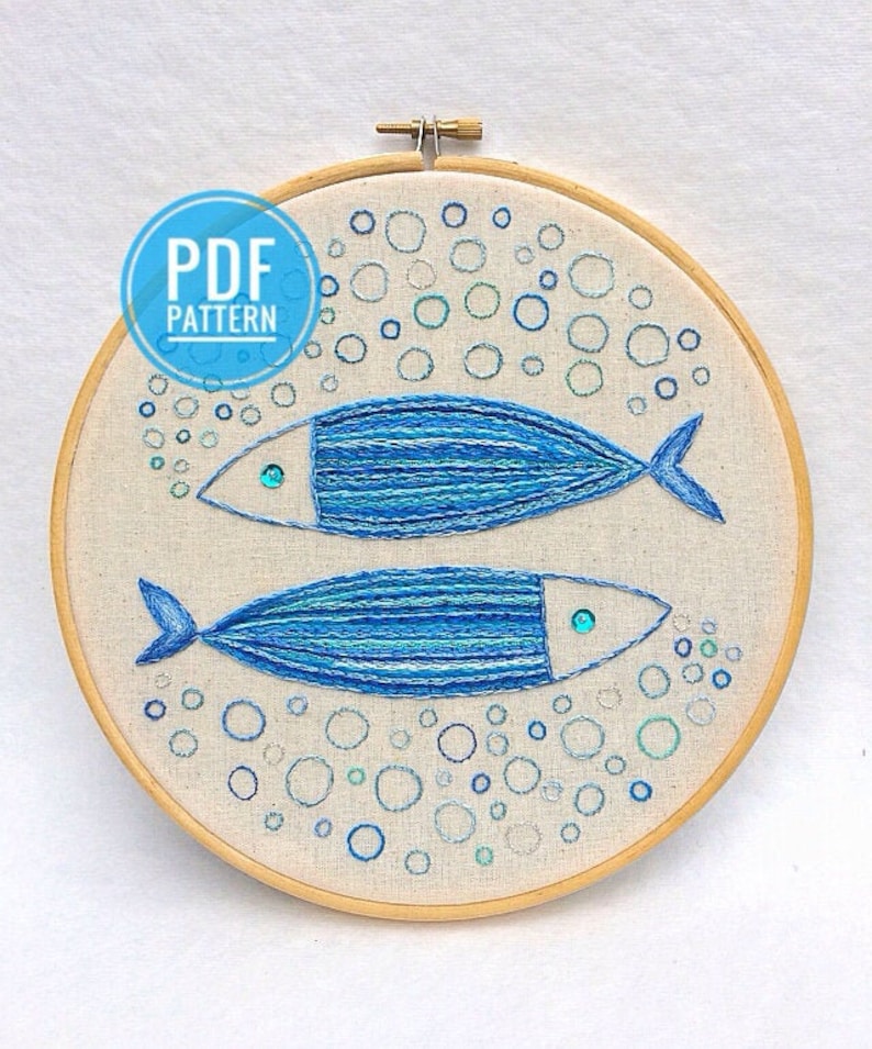 Stickdatei Fisch. Pisces oder Double Bubbles. PDF-Schnittmuster. DIY Stickanleitung. Handstickerei Design. Stickerei Sternzeichen Fische. image 1