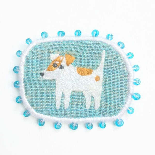 Textile Hund Portrait Brosche - "Jack Russell Terrier Welpen" - lustige Hunde - Sammlung, Hand bestickte Textilien Tier-Schmuck