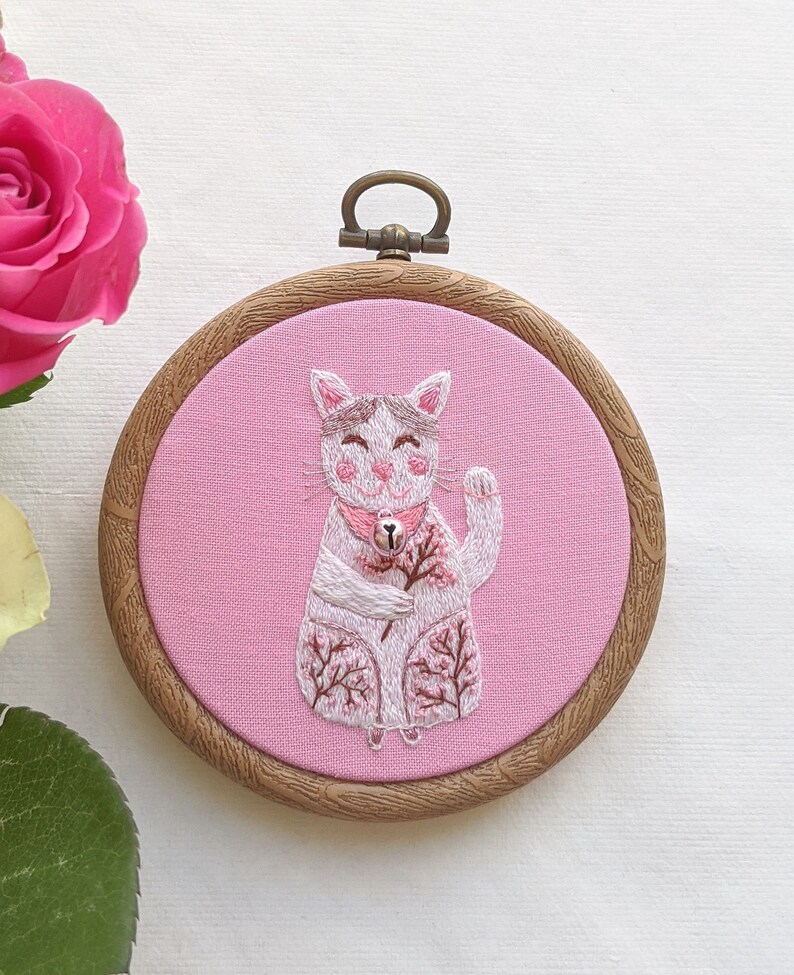 Maneki neko cat lucky cat embroidery hoop wall art white  etsy Maneki neko cat lucky cat embroidery hoop wall art white  etsy