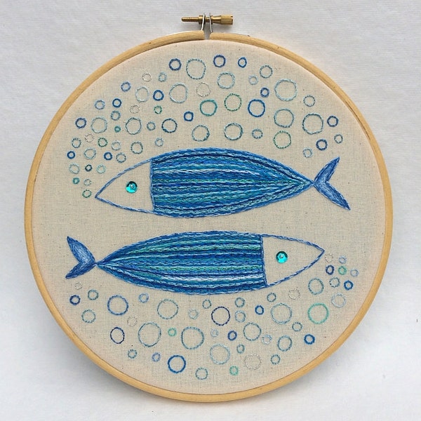 SALE! Hand Embroidery Hoop Wall Art "Fish or Double Bubbles"- hand embroidered wall hanging 8.2"