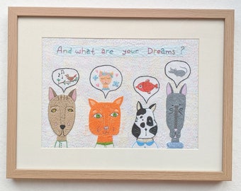 Cat Art. Embroidery wall art with cats. What are your dreams. Funny cats embroidery. Cat Embroidery. Original Embroidery Framed Wall Art.