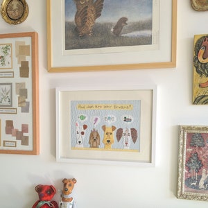 May include: A framed artwork with a white background and a blue sky. The artwork features five dogs with different colored fur and different expressions. Each dog has a thought bubble above their head with a different image in each bubble. The text "And what are your dreams?" is written at the top of the artwork.