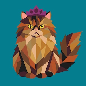 May include: A geometric illustration of a long-haired cat featuring a color palette of brown, orange, and tan triangles. The cat has bright yellow eyes and wears a purple crown on its head, set against a solid teal background.