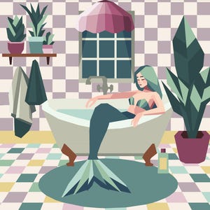 May include: A mermaid with long green hair relaxes in a white bathtub with a green tail. The bathroom has a checkered floor, a window with a pink umbrella, and a potted plant.