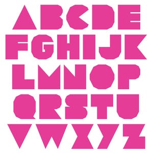 May include: A full alphabet in a bold, geometric style. Each letter is rendered in a vibrant pink hue against a clean white background. The shapes are angular and modern, creating a striking visual impact.