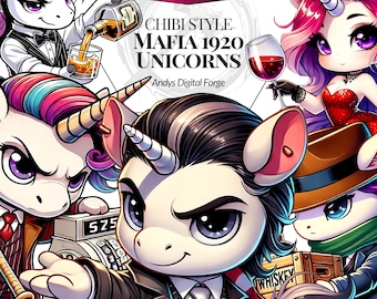 Chibi Unicorn Mafia 1920 Prohibition - PNG High-Res Cliparts - Sublimation, Crafts, Digital Art to Print - Digital Download
