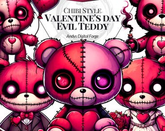 Valentine’s Day Dark Chibi Teddy Bear - High Resolution PNG Cliparts - Dark Love, Gothic Fantasy, Digital Art - Instant Download