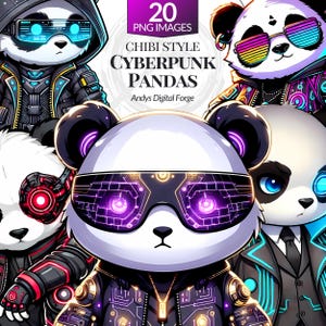 Chibi Style - Cyberpunk Panda Characters Cliparts - High-Res Sci-Fi RPG PNGs for Sublimation, Gaming, DIY Crafts, Printable Digital Art.