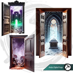 Cliparts porte portail scène dark fantasy - Portes ouvertes sur mondes hantés. PNG gothique HD - RPG, sublimation et impressions Halloween.