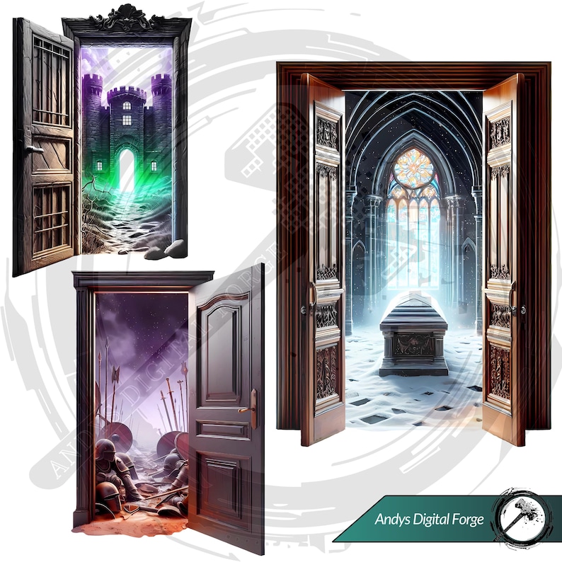 Cliparts porte portail scène dark fantasy - Portes ouvertes sur mondes hantés. PNG gothique HD - RPG, sublimation et impressions Halloween.