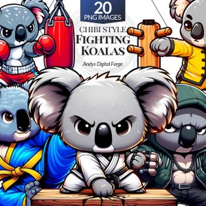 Chibi Style - Fighting Koala Characters Cliparts - High-Res Combat-Themed PNGs for Sublimation, Gaming, DIY Crafts, Printable Digital Art.