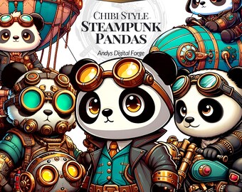 Steampunk Chibi Panda - High-Resolution PNG Cliparts - Sublimation, Crafts, Printable Digital Art - Digital Download