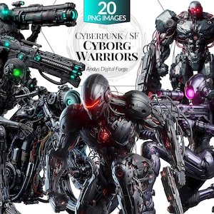May include: Digital artwork featuring multiple cyborg warriors in various poses. The cyborgs are predominantly black and metallic, with red and green glowing accents. The image includes text that reads "CYBERPUNK / SF CYBORG WARRIORS" and "20 PNG IMAGES."