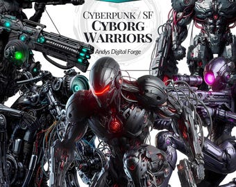 Cyberpunk Cyborg Warriors Cliparts - High-Res Futuristic PNGs for TTRPGs, Digital Collage, Sublimation, Printable Art, Sci-Fi DIY Projects