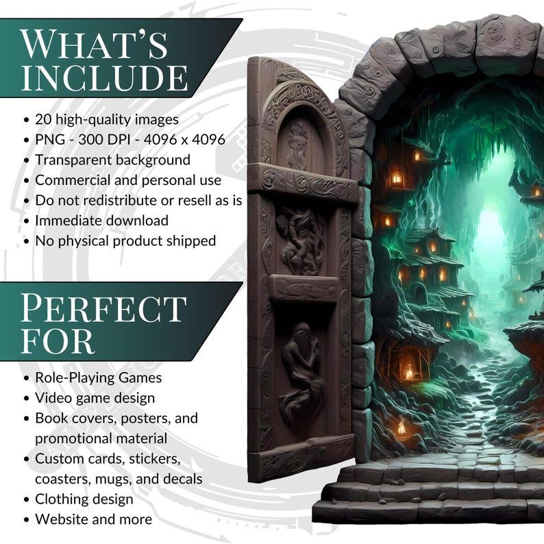 Cliparts porte portail scène dark fantasy - Portes ouvertes sur mondes hantés. PNG gothique HD - RPG, sublimation et impressions Halloween.