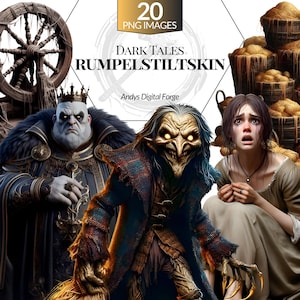 May include: Digital art featuring characters from the fairy tale Rumpelstiltskin. The image includes a king, a creature with glowing eyes, and a distressed woman. The text "Dark Tales Rumpelstiltskin" is displayed.