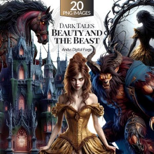La Belle et la Bête Dark Fantasy - Cliparts de l’Amour Maudit. PNG hantés pour sublimation gothique, créations étranges, récits d’horreur